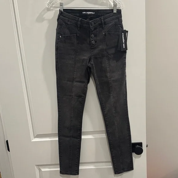 Karl Lagerfeld Button Fly Skinny Jeans NWT Sz 2 Charcoal - Picture 2 of 6